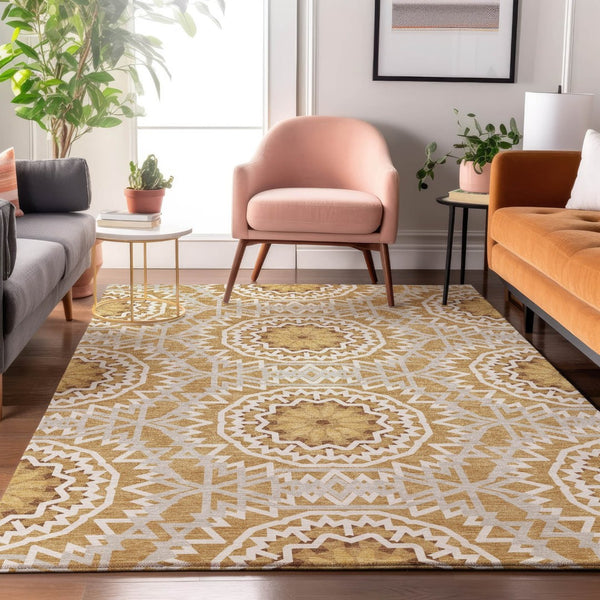 HomeRoots 10' X 14' Gold and Ivory Geometric Area Rug - Durable, Washable, UV-Protected for Modern Homes 652233