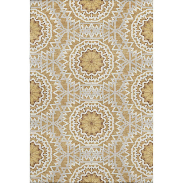 HomeRoots 10' X 14' Gold and Ivory Geometric Area Rug - Durable, Washable, UV-Protected for Modern Homes 652233
