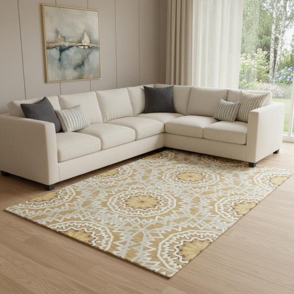HomeRoots 10' X 14' Gold and Ivory Geometric Area Rug - Durable, Washable, UV-Protected for Modern Homes 652233