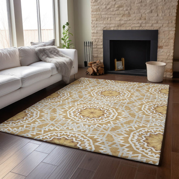 HomeRoots 10' X 14' Gold and Ivory Geometric Area Rug - Durable, Washable, UV-Protected for Modern Homes 652233