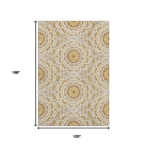 HomeRoots 10' X 14' Gold and Ivory Geometric Area Rug - Durable, Washable, UV-Protected for Modern Homes 652233