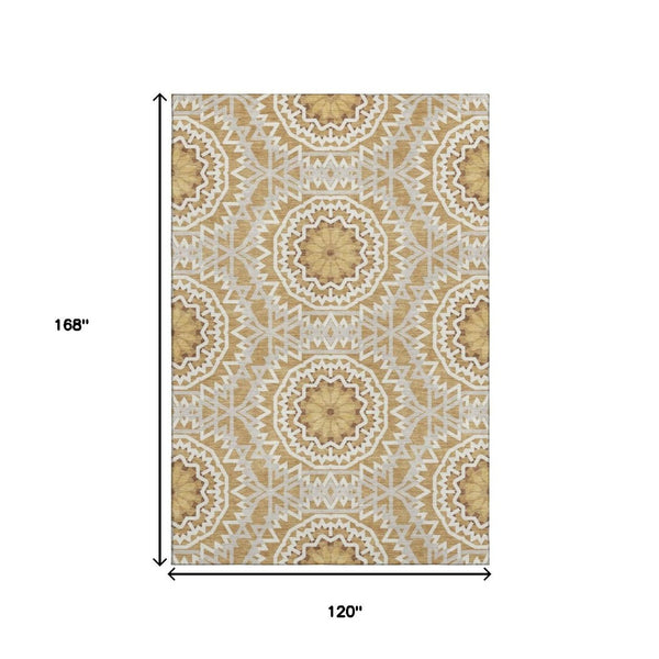 HomeRoots 10' X 14' Gold and Ivory Geometric Area Rug - Durable, Washable, UV-Protected for Modern Homes 652233