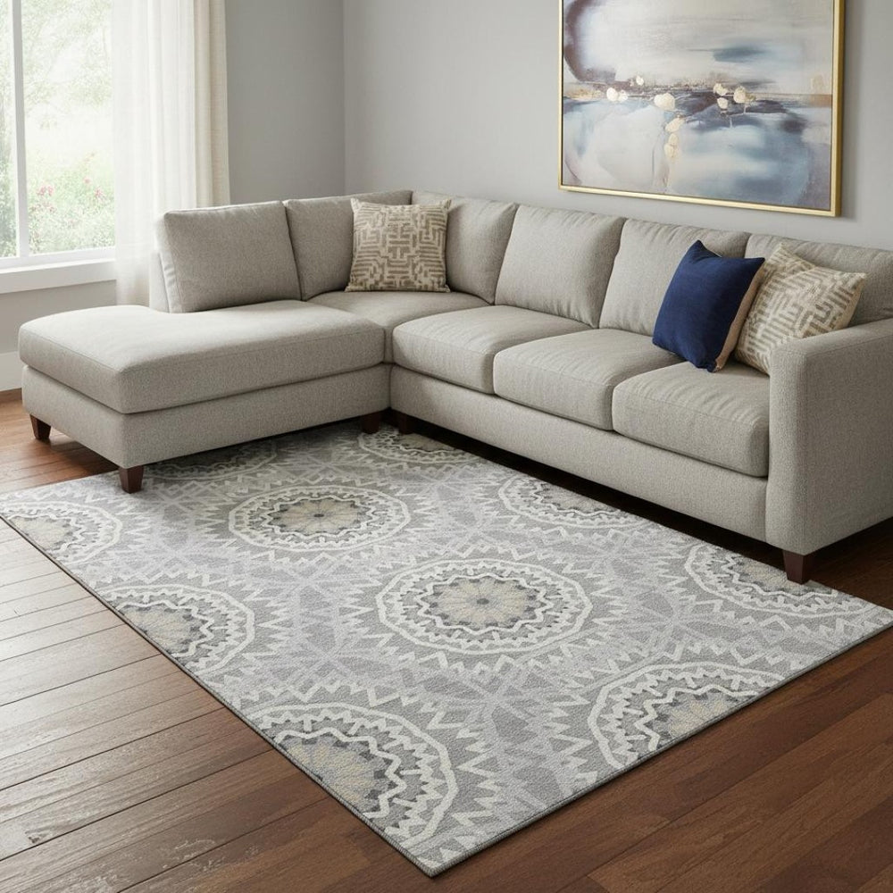 HomeRoots 8' X 10' Stylish Gray and Ivory Geometric Washable Area Rug with UV Protection for High-Traffic Homes 652237