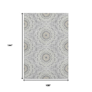 HomeRoots 9' X 12' Gray & Ivory Geometric Area Rug - Durable, Washable, UV Protected for High-Traffic Spaces 652238