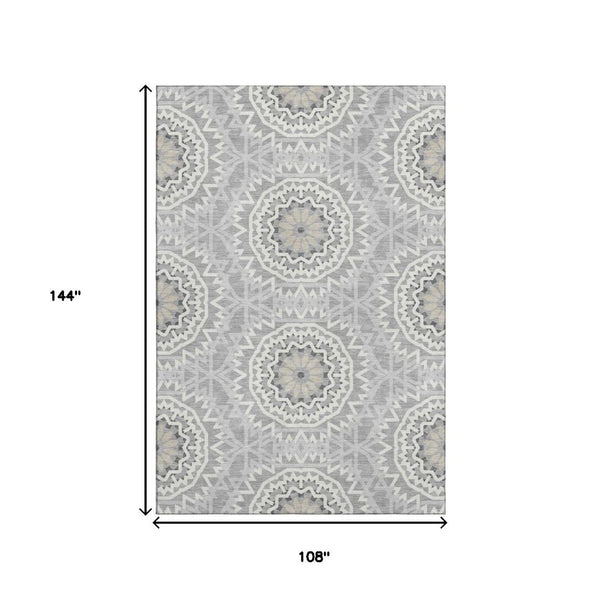 HomeRoots 9' X 12' Gray & Ivory Geometric Area Rug - Durable, Washable, UV Protected for High-Traffic Spaces 652238