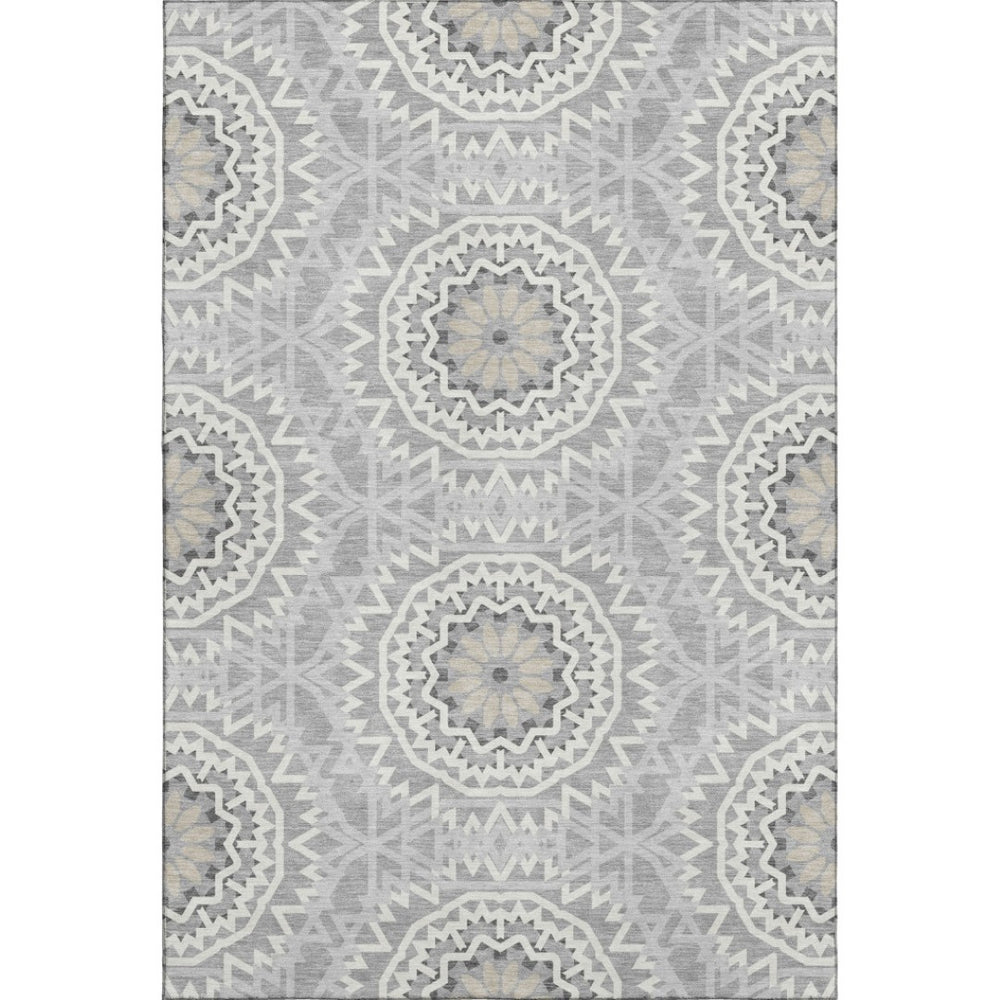 HomeRoots 9' X 12' Gray & Ivory Geometric Area Rug - Durable, Washable, UV Protected for High-Traffic Spaces 652238