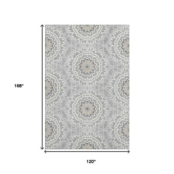 HomeRoots 10' X 14' Gray And Ivory Geometric Area Rug - Washable, UV-Protected, Stylish, and Durable for Homes 652239
