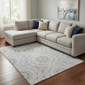 HomeRoots 10' X 14' Gray And Ivory Geometric Area Rug - Washable, UV-Protected, Stylish, and Durable for Homes 652239