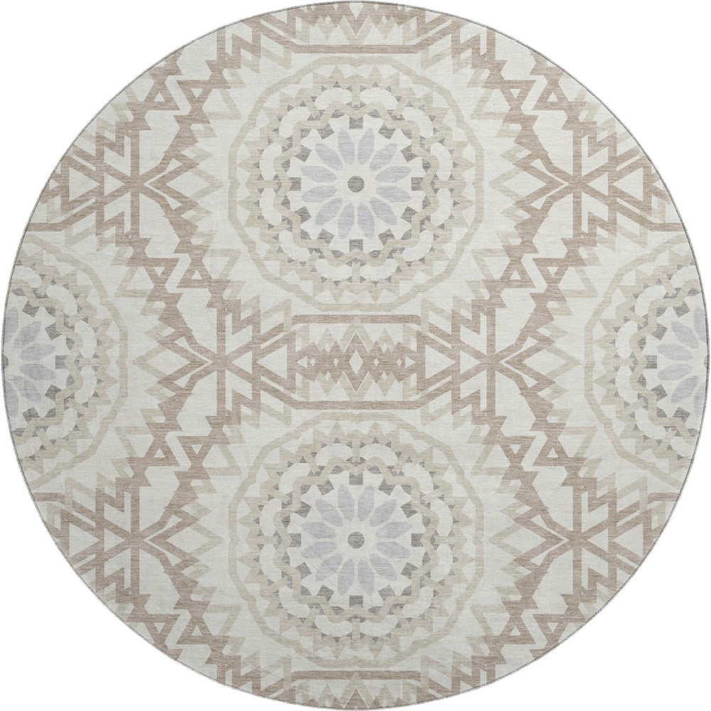HomeRoots 8' Modern Ivory and Gray Geometric Washable Round Rug with UV Protection for High-Traffic Areas 652242