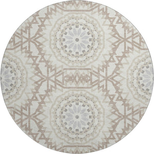 HomeRoots 8' Modern Ivory and Gray Geometric Washable Round Rug with UV Protection for High-Traffic Areas 652242