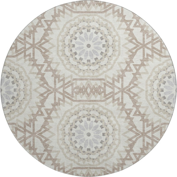 HomeRoots 8' Modern Ivory and Gray Geometric Washable Round Rug with UV Protection for High-Traffic Areas 652242
