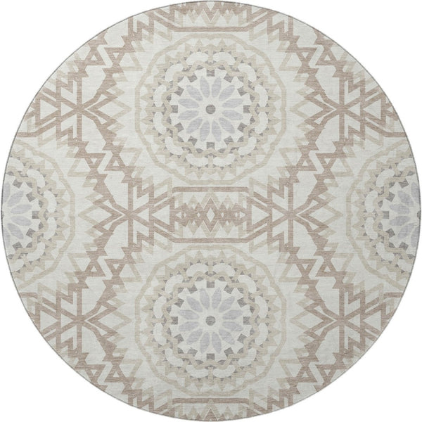 HomeRoots 8' Modern Ivory and Gray Geometric Washable Round Rug with UV Protection for High-Traffic Areas 652242