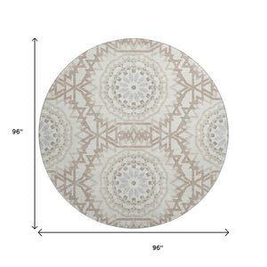 HomeRoots 8' Modern Ivory and Gray Geometric Washable Round Rug with UV Protection for High-Traffic Areas 652242