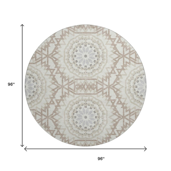 HomeRoots 8' Modern Ivory and Gray Geometric Washable Round Rug with UV Protection for High-Traffic Areas 652242