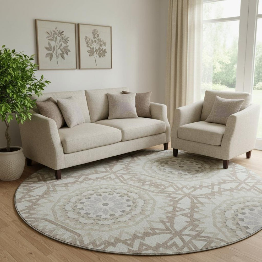 HomeRoots 8' Modern Ivory and Gray Geometric Washable Round Rug with UV Protection for High-Traffic Areas 652242