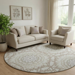 HomeRoots 8' Modern Ivory and Gray Geometric Washable Round Rug with UV Protection for High-Traffic Areas 652242