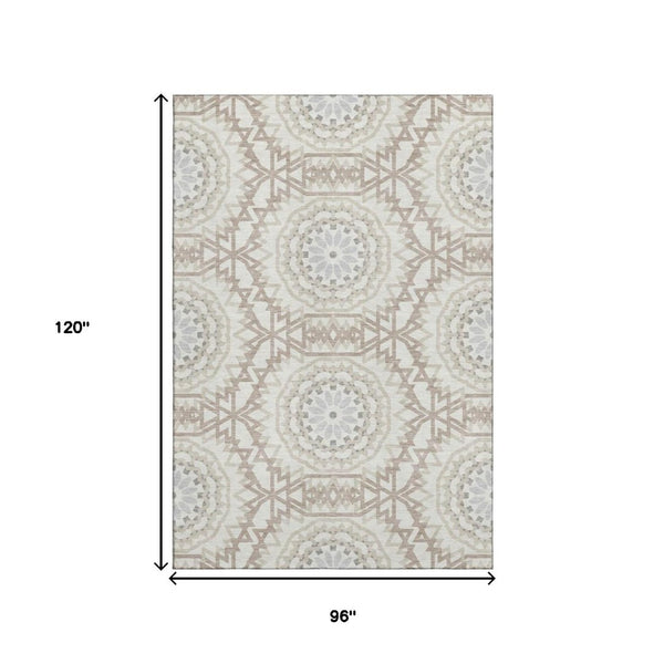 HomeRoots 8' X 10' Ivory and Gray Geometric Washable Area Rug with UV Protection for Modern Living Spaces 652243
