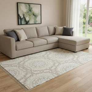 HomeRoots 8' X 10' Ivory and Gray Geometric Washable Area Rug with UV Protection for Modern Living Spaces 652243