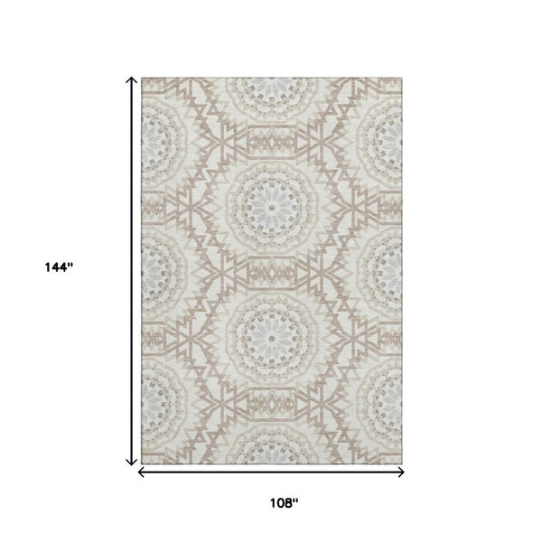 HomeRoots 9' X 12' Ivory and Gray Geometric Washable Area Rug with UV Protection - Modern Style for Homes! 652244