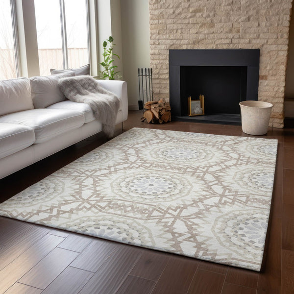 HomeRoots 9' X 12' Ivory and Gray Geometric Washable Area Rug with UV Protection - Modern Style for Homes! 652244