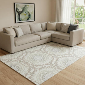 HomeRoots 9' X 12' Ivory and Gray Geometric Washable Area Rug with UV Protection - Modern Style for Homes! 652244