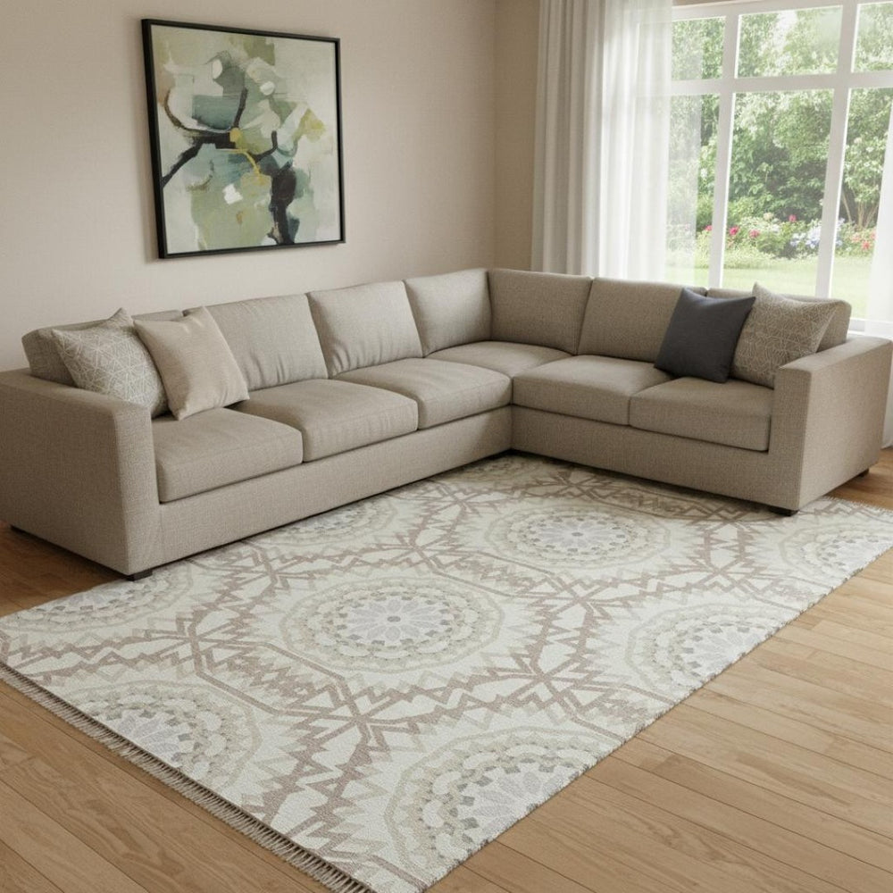 HomeRoots 10' X 14' Ivory and Gray Geometric Washable Area Rug – UV Protected, Stylish & Easy-Care Design 652245