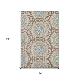 HomeRoots 5' X 8' Khaki and Teal Geometric Area Rug - Washable, UV Protected, Stylish for Living Spaces & Patios 652247