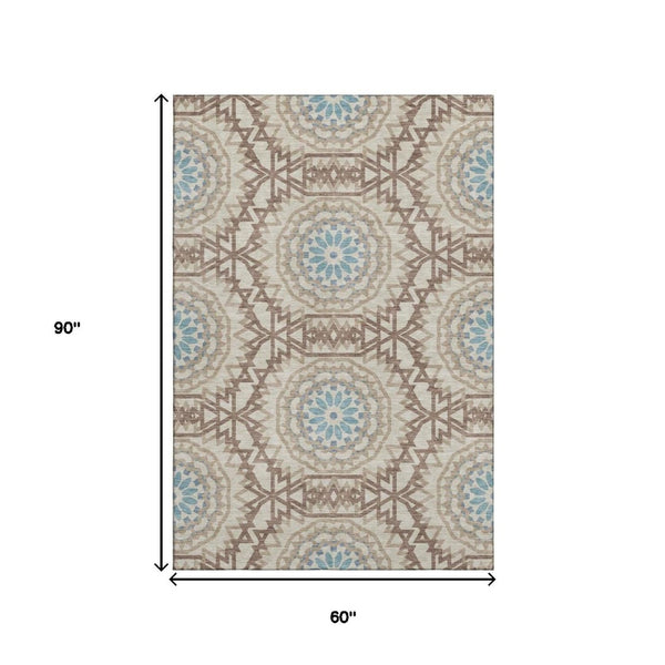 HomeRoots 5' X 8' Khaki and Teal Geometric Area Rug - Washable, UV Protected, Stylish for Living Spaces & Patios 652247