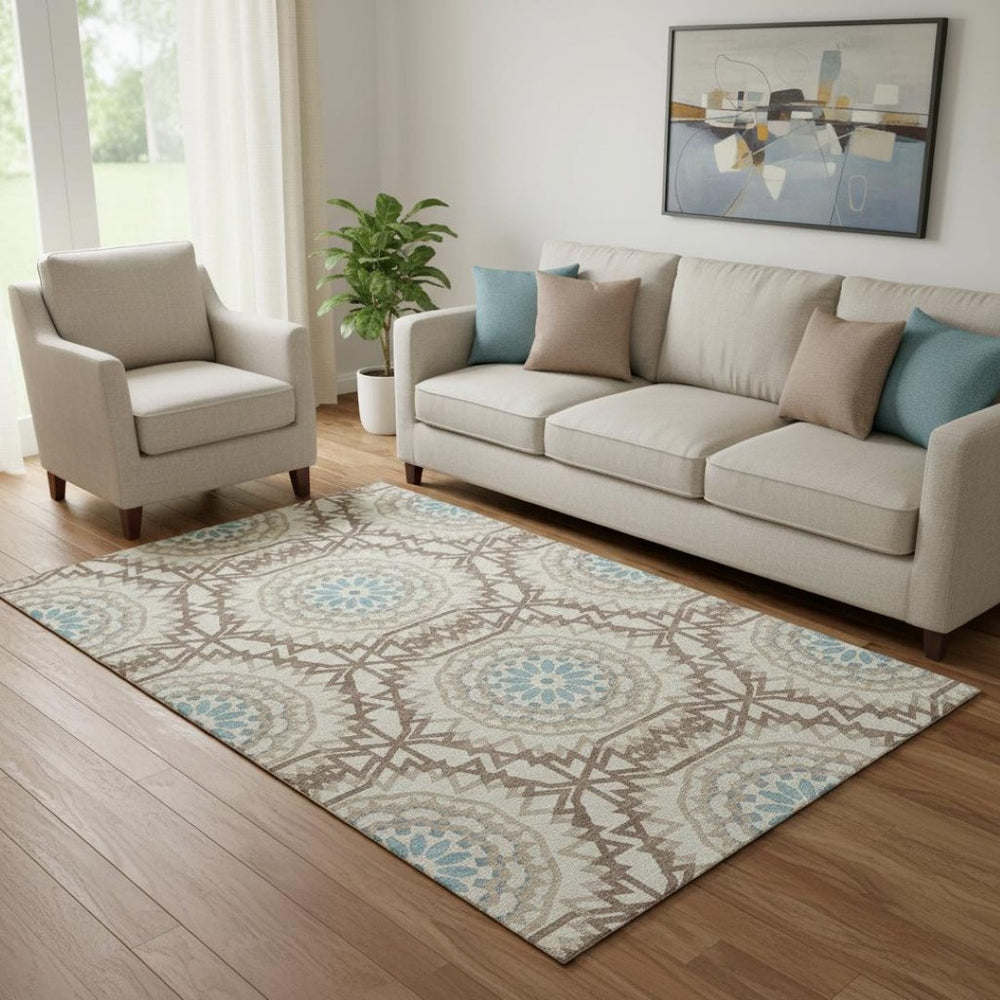 HomeRoots 5' X 8' Khaki and Teal Geometric Area Rug - Washable, UV Protected, Stylish for Living Spaces & Patios 652247