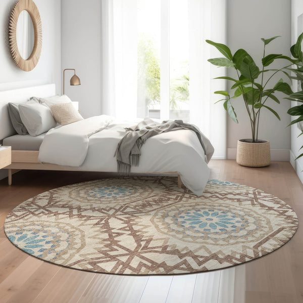 HomeRoots 8' Khaki and Teal Geometric Round Rug - Washable, UV Protected, Stain-Resistant for Modern Homes 652248