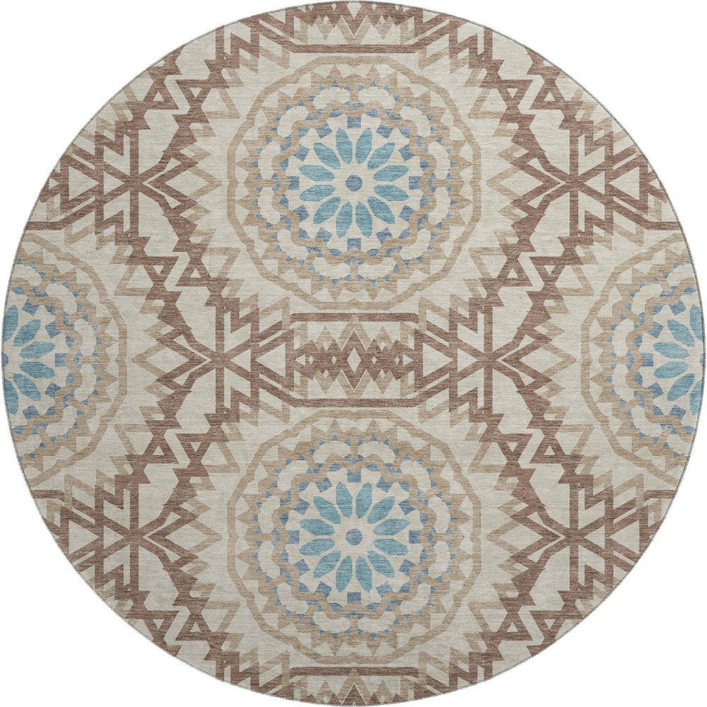 HomeRoots 8' Khaki and Teal Geometric Round Rug - Washable, UV Protected, Stain-Resistant for Modern Homes 652248