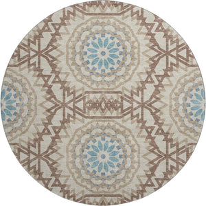 HomeRoots 8' Khaki and Teal Geometric Round Rug - Washable, UV Protected, Stain-Resistant for Modern Homes 652248