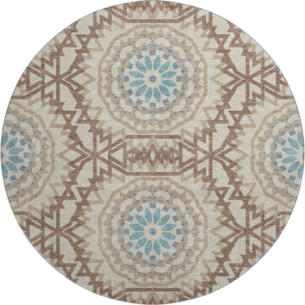 HomeRoots 8' Khaki and Teal Geometric Round Rug - Washable, UV Protected, Stain-Resistant for Modern Homes 652248