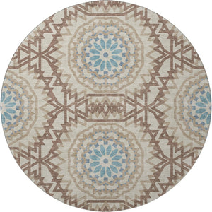 HomeRoots 8' Khaki and Teal Geometric Round Rug - Washable, UV Protected, Stain-Resistant for Modern Homes 652248