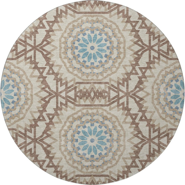 HomeRoots 8' Khaki and Teal Geometric Round Rug - Washable, UV Protected, Stain-Resistant for Modern Homes 652248
