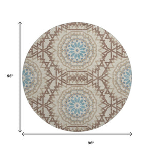 HomeRoots 8' Khaki and Teal Geometric Round Rug - Washable, UV Protected, Stain-Resistant for Modern Homes 652248