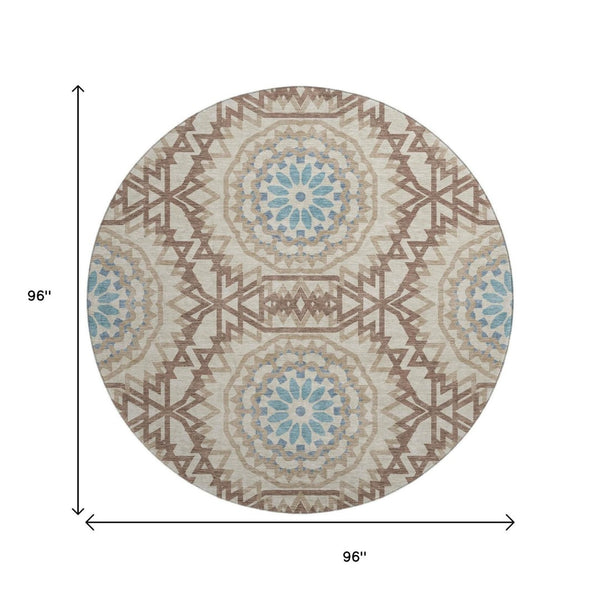 HomeRoots 8' Khaki and Teal Geometric Round Rug - Washable, UV Protected, Stain-Resistant for Modern Homes 652248
