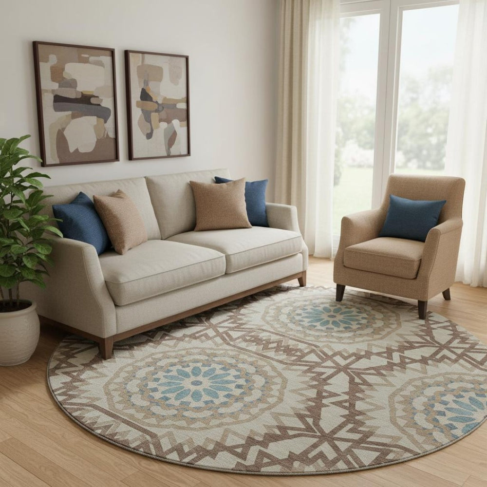 HomeRoots 8' Khaki and Teal Geometric Round Rug - Washable, UV Protected, Stain-Resistant for Modern Homes 652248