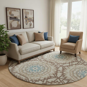 HomeRoots 8' Khaki and Teal Geometric Round Rug - Washable, UV Protected, Stain-Resistant for Modern Homes 652248