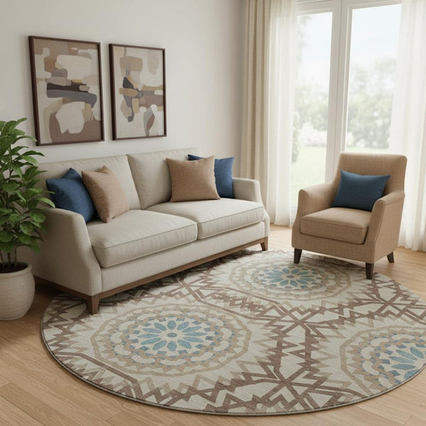HomeRoots 8' Khaki and Teal Geometric Round Rug - Washable, UV Protected, Stain-Resistant for Modern Homes 652248