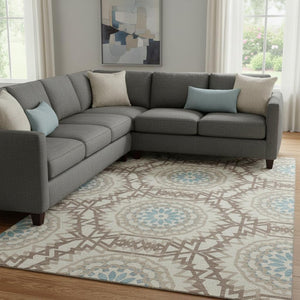 HomeRoots 8' X 10' Geometric Khaki and Teal Area Rug - Washable, UV-Protected, Durable Style for High-Traffic Spaces 652249
