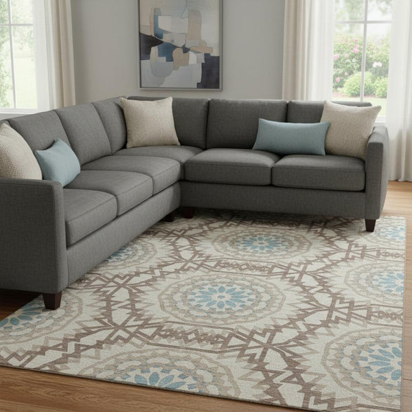 HomeRoots 8' X 10' Geometric Khaki and Teal Area Rug - Washable, UV-Protected, Durable Style for High-Traffic Spaces 652249
