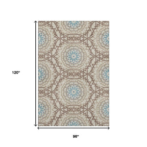 HomeRoots 8' X 10' Geometric Khaki and Teal Area Rug - Washable, UV-Protected, Durable Style for High-Traffic Spaces 652249
