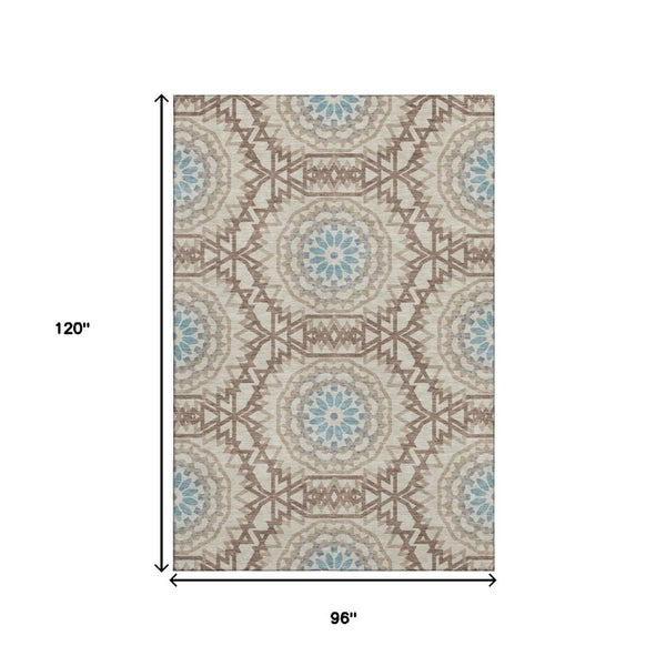 HomeRoots 8' X 10' Geometric Khaki and Teal Area Rug - Washable, UV-Protected, Durable Style for High-Traffic Spaces 652249