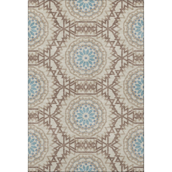 HomeRoots 8' X 10' Geometric Khaki and Teal Area Rug - Washable, UV-Protected, Durable Style for High-Traffic Spaces 652249