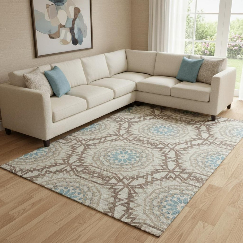 HomeRoots 9' X 12' Khaki Teal Geometric Washable Area Rug - Durable, Stain-Resistant, UV Protected Design! 652250
