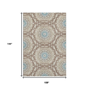 HomeRoots 9' X 12' Khaki Teal Geometric Washable Area Rug - Durable, Stain-Resistant, UV Protected Design! 652250