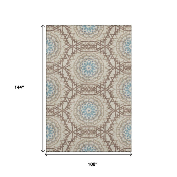 HomeRoots 9' X 12' Khaki Teal Geometric Washable Area Rug - Durable, Stain-Resistant, UV Protected Design! 652250