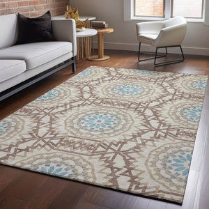 HomeRoots 10' Khaki and Teal Geometric Area Rug – Washable, UV Protected, Durable Comfort for Family Spaces 652251