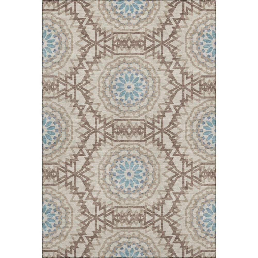 HomeRoots 10' Khaki and Teal Geometric Area Rug – Washable, UV Protected, Durable Comfort for Family Spaces 652251